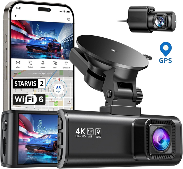 4K+1K Dual Dash Cam STARVIS 2 IMX335 8MP 5GHz WiFi (20MB/s Fast Download) Front 1080P Rear GPS Touchscreen Voice