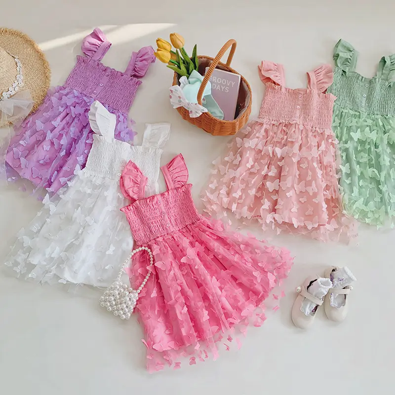 Ins 2023 bướm đính thêu bé gái ăn mặc Ruffle smocked Dresses cho cô gái