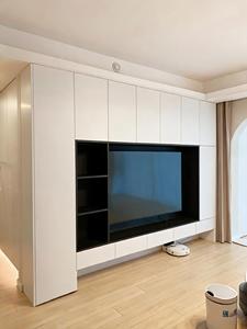 <span class=keywords><strong>Meuble</strong></span> <span class=keywords><strong>TV</strong></span> moderne en laque blanche avec étagère ouverte noire et tiroirs sans poignées pour salon - Product Image 1