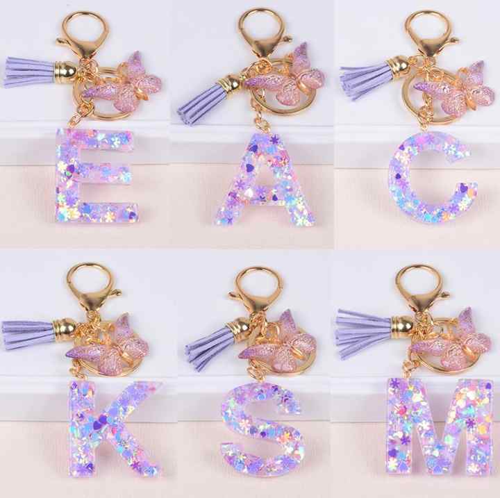 Meefisher Resin Alphabet Keychain - Initial Letter Key Ring With Tassel & Butterfly Charm, For Purse, Bag, Car Keys (Purple-Blue Pink Green)
