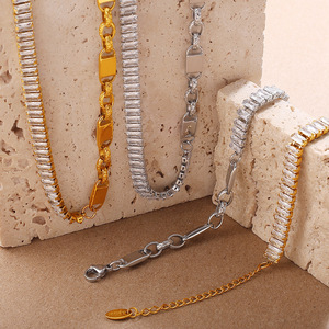 Stainless Steel Zircon Necklace And <b>Bracelet</b> <b>Set</b> 18K Gold Plated Geometric Design Unisex Hip Hop Jewelry Gift <b>Set</b> - Product Image 4