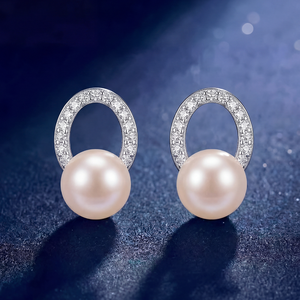 <b>Copper</b> Oval <b>Frame</b> Shell Pearl Stud Earrings with CZ Elegant Daily Wear Jewelry for Women - Product Image 3