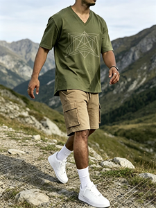 Ensemble décontracté streetwear pour homme, composé d'un t-shirt à col en V à imprimé géométrique vert armée et d'un short cargo kaki - Product Image 1