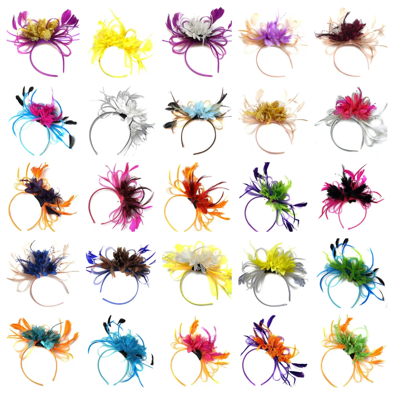 Fascinator jaring elastis elegan unik Aksesori pernikahan Fascinator bunga bros bulu banyak warna dengan ikat kepala untuk wanita
