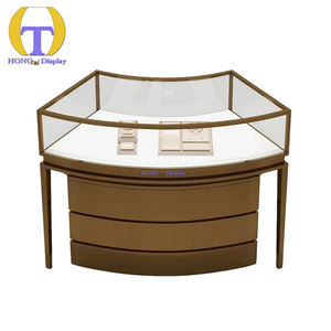 Negozio di gioielli di lusso isola espositore in vetro temprato di alta qualità illuminazione a LED in acciaio inox spazzolato rotondo vetrina - Product Image 2