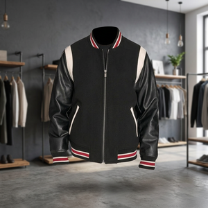 Veste universitaire noire pour homme avec manches en cuir et bordure rouge et blanche, fermeture éclair sur le devant, vêtement décontracté pour l'automne - Product Image 1