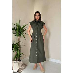 Robe plissée kaki en gabardine coupe trapèze à col rond, taille naturelle, décontractée pour le quotidien, en tissu tissé lavable – Vente en gros - Product Image 4