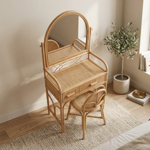 Nhat Minh Rattan <b>Dressing</b> <b>Table</b> <b>With</b> Flip Top Mirror <b>Storage</b> Drawer Tropical Style Bedroom Vanity Set - Product Image 3