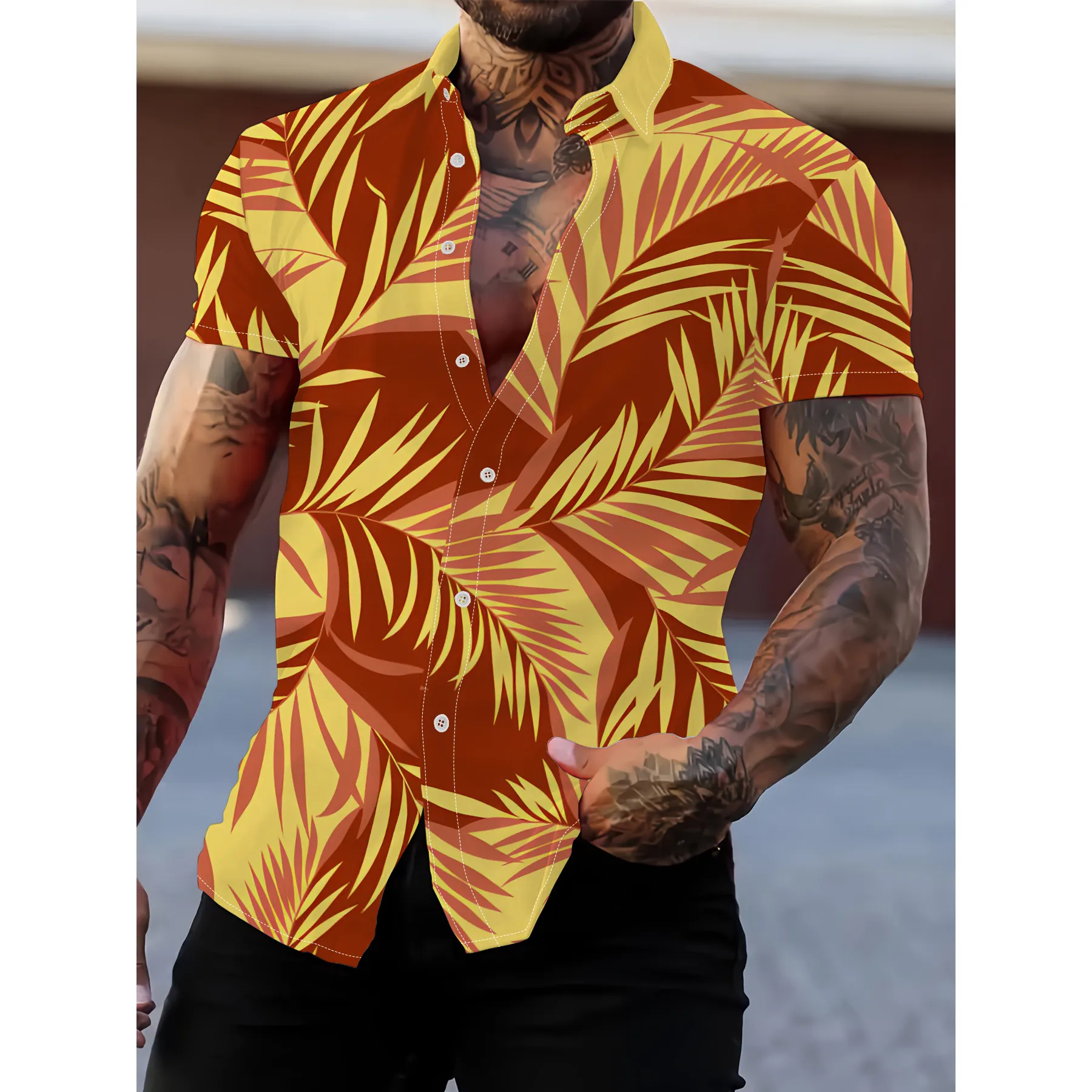 Imprimer feuilles chemise hawaïenne mode vacances hommes à manches courtes chemise boutonnée vêtements de sport décontractés été t-shirts hauts