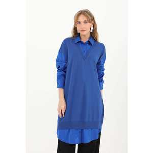 Chemise tunique en tricot pour femme avec col boutonné contrastant, à porter au quotidien, bleu - Product Image 5