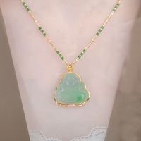 Collier avec pendentif Bouddha Maitreya souriant en imitation jade chinois pour hommes et femmes, plaqué argent 925, chalcédoine verte