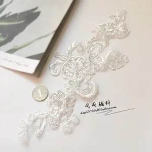 Glitter car bones on flower patch embroidery lace wedding fabric embroidery lace applique embroidery lace ivory