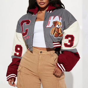 Herbst-Winter Damen Vielseitige Varsity-Jacke Kurz mit Kapuze Stehkragen Shearling-Knopfleiste Winddicht Amerikanischer Streetstyle <span class=keywords><strong>Patchwork</strong></span> - Product Image 6