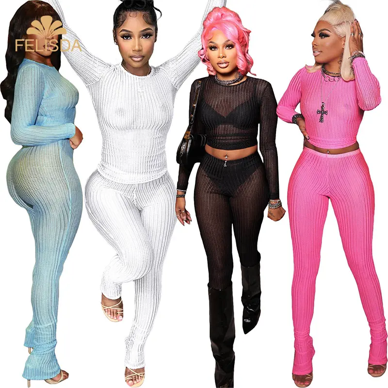 Damen sexy Club gestrickt hohl durchsichtig slim 2-teiliges Set Mode Ausschnitt-Top Bodycon-Hose lässige Streetwear Damen Outfits