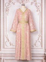 Abaya Kaftan plissée à col en V, manches longues, boutonnée sur le devant, avec ceinture, en feuille d'or, vêtements islamiques grande taille, platine, vente en gros, sur mesure