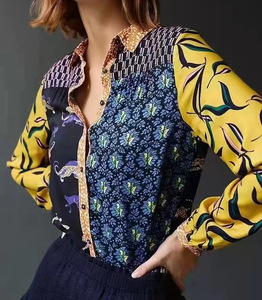 Blus Vintage musim gugur wanita, kaus blus desain bunga lengan panjang cetak bunga burung - Product Image 1