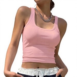 Camiseta corta acanalada rosa para mujer, ajustada, sin mangas, con cuello redondo, informal, de verano. - Product Image 2