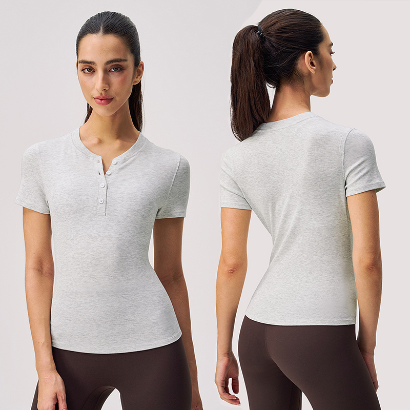 YBO-DX06 Custom Wholesale Yoga Short Sleeve Women's Henley Shirt Button Half Open Collar Ribbed Slim Fit Sports Fitness T-shirt