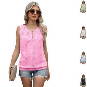 T-shirt décontracté sans manches pour femme printemps-été avec nouveau design plissé ajouré au col en tissu tricoté anti-boulochage - Product Image 1