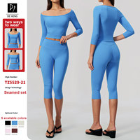 Nouvel ensemble de sport brossé uni style demi-manches, t-shirt ajusté et pantalon capri respirant taille haute pour femme – Ensembles de yoga