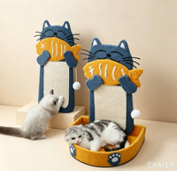 Griffoir classique en forme de L pour chat, écologique, design mignon de chat dessinant un poisson, maisonnette quatre saisons en carton