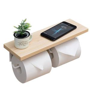 حامل مناديل مزدوج عصري للحمام، رف تخزين خشبي صلب يثبت على الحائط بدون ثقب - Product Image 5