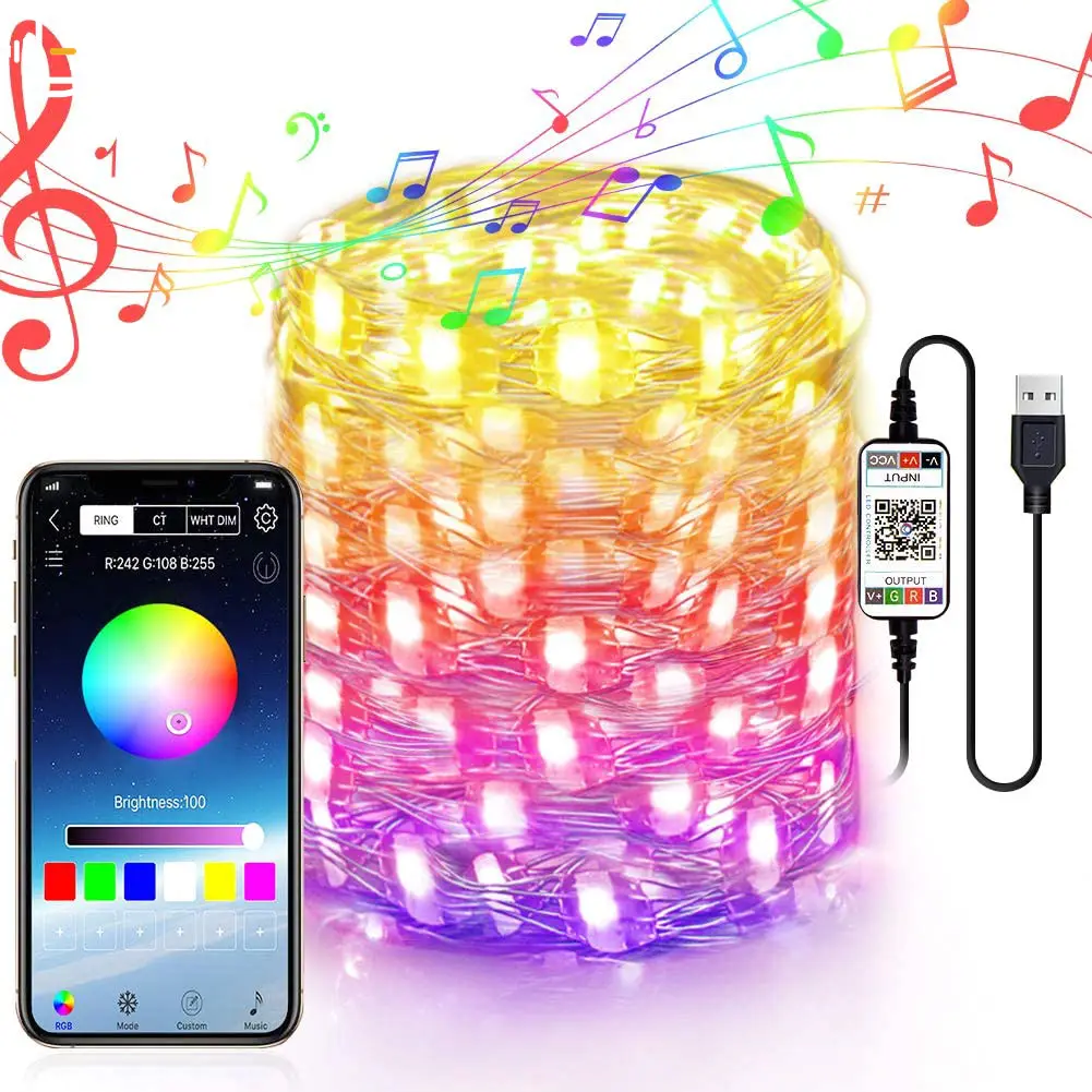 Tira de luces Led RGB, USB, 5M, 16,4 pies, APP inteligente, sincronización de música, iluminación estrellada, resistente al agua, alambre de plata, para árbol de Navidad