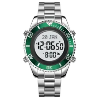 Montre numérique de luxe personnalisable en acier inoxydable avec boussole de prière musulmane, réveil Adhan, rétroéclairage et affichage de l'heure Azan, montres islamiques Hijri