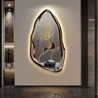 Pintura Decorativa Moderna de Lujo con Luces LED para Sala de Estar, Arte de Pared Colgante de Cristal con Diseño Creativo 3D de Alce de Alta Gama