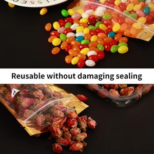 Sacs d'emballage alimentaire refermables transparents dorés, résistants à l'humidité, 100g 200g 300g, en feuille d'aluminium + PE, imprimés en héliogravure - Product Image 5