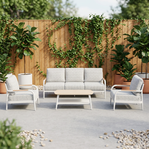 Ensemble <span class=keywords><strong>de</strong></span> <span class=keywords><strong>salon</strong></span> <span class=keywords><strong>de</strong></span> <span class=keywords><strong>jardin</strong></span> moderne <span class=keywords><strong>en</strong></span> aluminium blanc avec coussins imperméables <span class=keywords><strong>gris</strong></span> clair et table basse <span class=keywords><strong>en</strong></span> bois, 4 pièces - Product Image 3