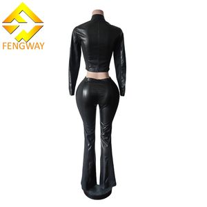 เสื้อแจ็คเก็ตหนัง2ชิ้นสำหรับผู้หญิงเสื้อครอปและกางเกงขายาวลำลองแนวสตรีท Y2K - Product Image 3