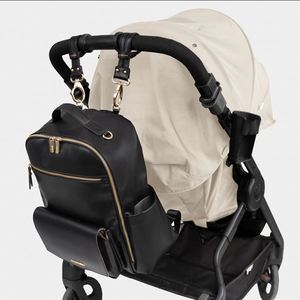 Custom <b>Black</b> Vegan Leather Diaper <b>Backpack</b> 2 Stroller Straps Changing Mat Insulated Bottle Holder Luggage Waterproof - Product Image 5
