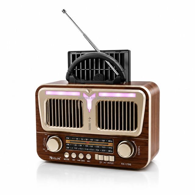 ELETREE RX-179S Vintage Wood BT Radio Speaker with Solar Charging FM/AM/SW Bands USB/TF Card & LED Light