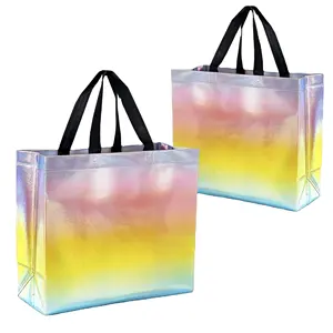 Reusable Pastel Rainbow Bag With Iridescent Finish Colorful Holographic Party Favor Bags With Handles- Goodie Bags