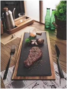 Bandeja para servir bistec de madera de acacia de alta calidad con pizarra a prueba de altas temperaturas y mango mental delicado para Cocina - Product Image 6