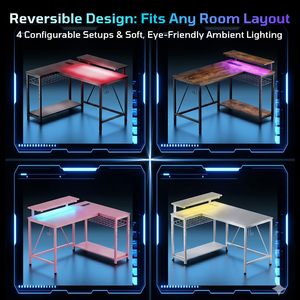 Bureau d'ordinateur en métal en forme de L SENYU avec éclairage LED et étagères de rangement, table de travail multifonctionnelle - Product Image 6