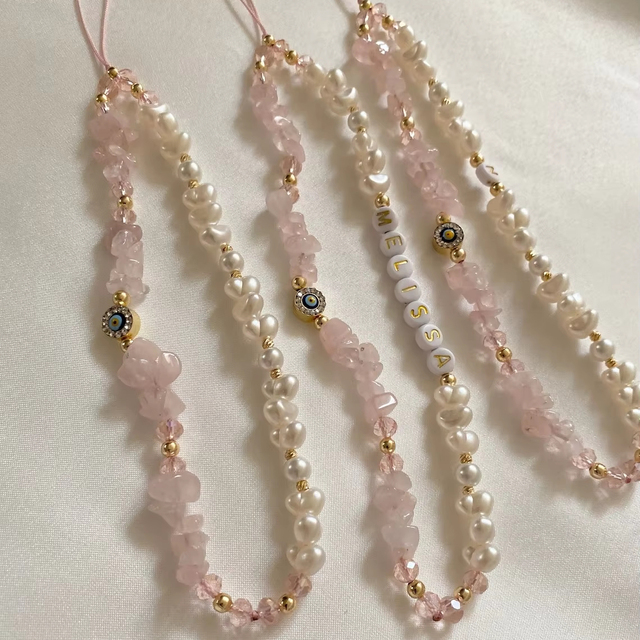 Customize Rose Quartz Gemstone Healing Crystal Beads Heart Shape Pearl Evil Eye Charms Phone Chain Strap Wristlet Lanyard Gifts