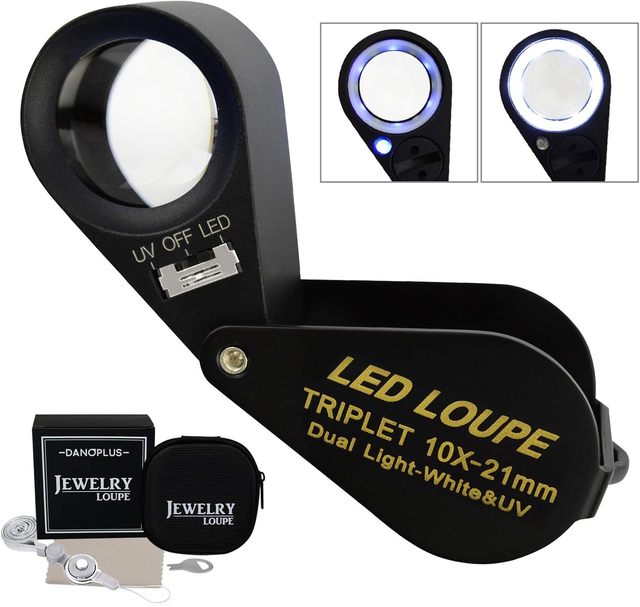 10X Triplet Optical Glass Jewelry Loupe With LED & UV Light, 21mm Pocket Foldable Magnifier for Gem Coin Stamp Jewelry Appraisal