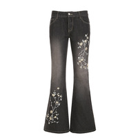 Pantalon droit taille basse en jean skinny pour femme, style vintage, broderie florale, effet délavé