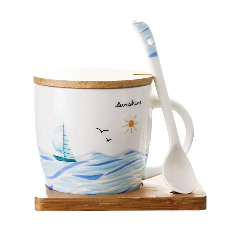 direct deal High temperature porcelain ceramic mug nordic creative with bamboo lid and spoon wholesalers