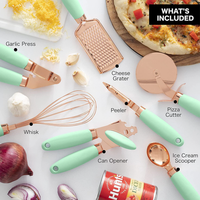 Nouvel arrivage : Ensemble d'ustensiles de cuisine en acier inoxydable 430 avec revêtement électrolytique doré, poignée en plastique, style épuré, compatible lave-vaisselle