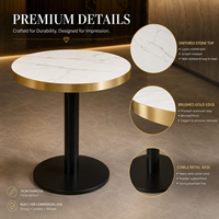 Table de bistrot ronde pour hôtel et café, plateau en pierre frittée, bord en aluminium doré, base en piédestal noir, vente en gros pour la restauration commerciale, OEM