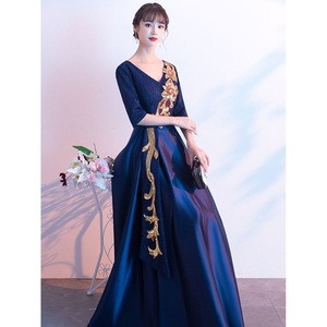 Women's Choral Dress Navy Blue V-Neck A-Line Embroidery Long Performance Attire - Product Image 3