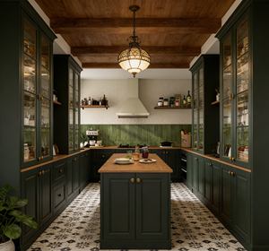 Muebles de Cocina Retro-Lujo en Verde Oscuro - Gabinetes Sofisticados con Puertas de Arco de Vidrio y Detalles en Madera Cálida - Product Image 4