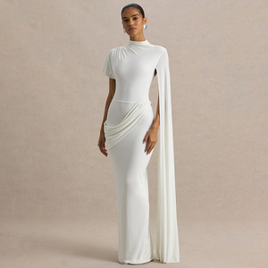 Robe de soirée pour femme, col rond, manches courtes, plissée asymétrique, longue, confortable, taille naturelle, tenue décontractée - Product Image 3