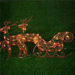 Outdoor 60L two deer cart decoration lights golden acrylic iron frame Christmas decoration LED lights