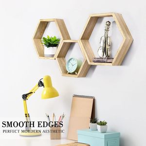 Prateleira de Parede Hexagonal Flutuante de Madeira, Três Níveis, Moderna e Multifuncional - Durável e Resistente à Água - Product Image 6
