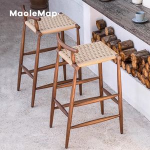 Silla de Bar de teca para exteriores, balcón de hotel, silla alta de madera maciza de ratán, muebles de restaurante, <span class=keywords><strong>taburete</strong></span> de <span class=keywords><strong>mimbre</strong></span> de cafetería de jardín Nórdico - Product Image 3