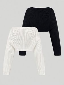 <span class=keywords><strong>Cardigan</strong></span> Corto da Donna in Tinta Unita, Due Pezzi, con Scollo a V e Design a Costine, Elegante Maglione Casual Lavorato a Maglia - Product Image 2